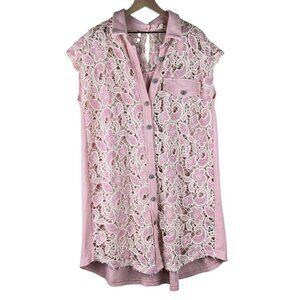 POL Pink Crochet Overlay Button Front Short Sleeve Longline Shirt